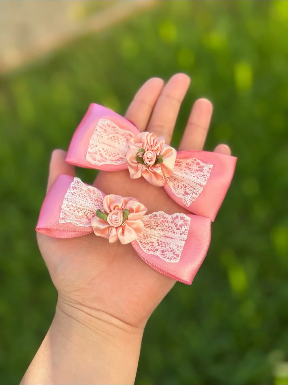Pink Lace Flower Bow Hair Clips for Kids